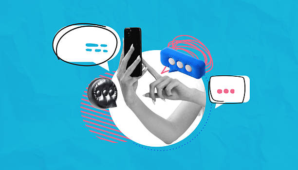 Woman holding a smartphone with various stylized chat bubbles around her, modern collage style on a bright blue background, concept of messaging