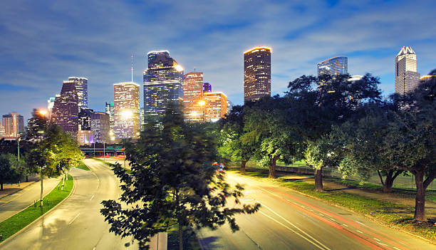 istock Houston Texas modern skyline at sunset twilight from park lawn 2213301371
