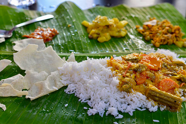 A classic Vegetarian Platter on Banana leaf, from a restaurant in down-town Chennai, Tamil Nadu, India