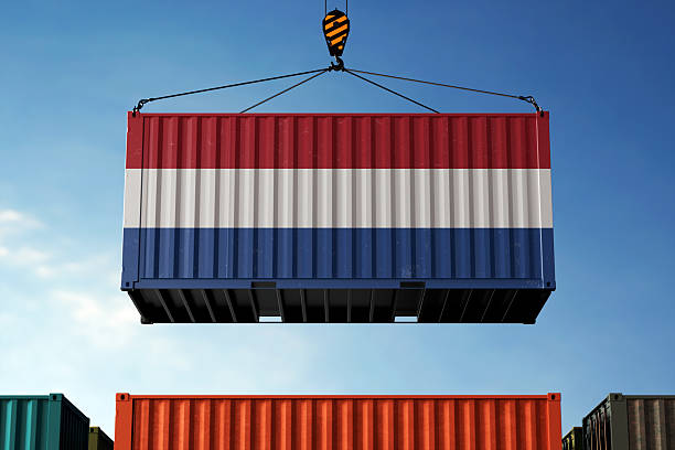 istock Netherlands trade cargo container hanging against clouds background 2213308884