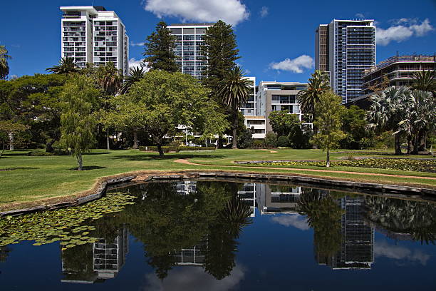 Aerial view on Mounts Bay Road, Old Swan Brewery, Perth CBD, Kwinana Freeway and South Perth on the River Swan. Perth, Western Australia