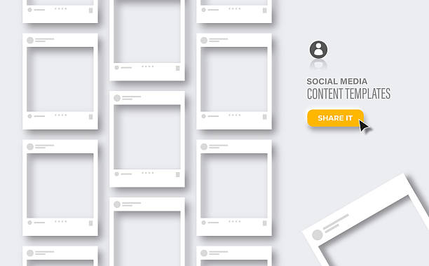Social media interface design elements. Gray background. Picture frames social media post Multiple frame of social media post design interfaces. Digital communication and online interaction. Mobile app interface with blank picture frames feeding stock illustrations