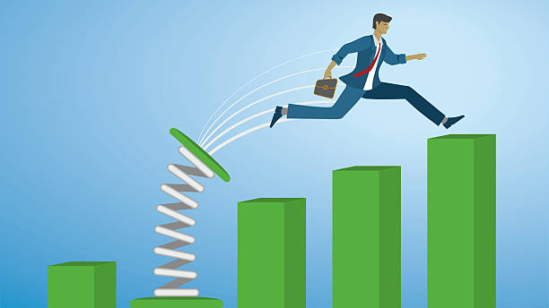 Man taking a big jump in career, bouncing from low to high position. Dimension 16:9. Vector illustration. Man taking a big jump in career, bouncing from low to high position. Jumping to better position. New job and changes. jobs stock illustrations