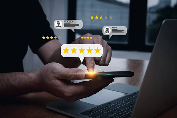 istock Customer Satisfaction people using mobile smart phone with five star button to review good rating for hotel, satisfaction, customer review, digital marketing, good experience, product review concept 2213322987
