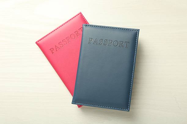 istock Two passports in bright covers on white wooden table, top view 2213324536