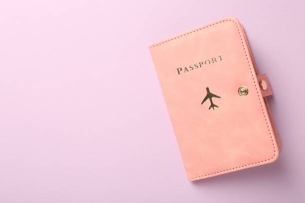 istock Passport in pink cover on violet background, top view. Space for text 2213324541