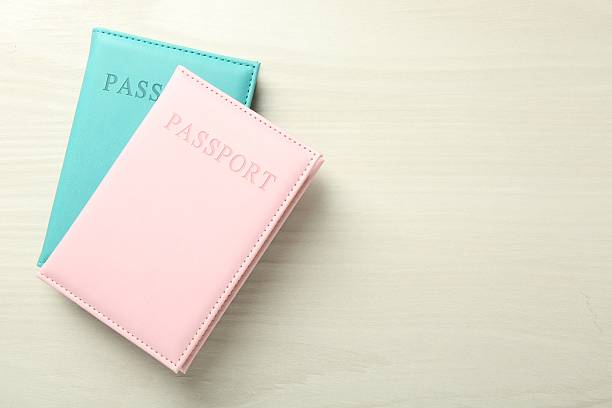 istock Two passports in bright covers on white wooden table, top view. Space for text 2213324553