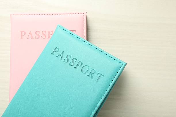 istock Two passports in bright covers on white wooden table, top view. Space for text 2213324570