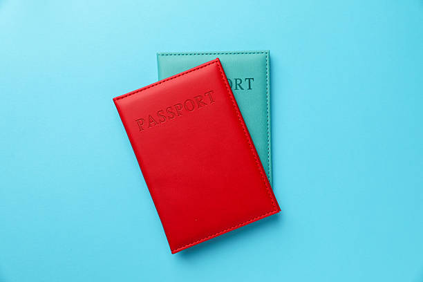 istock Passports in color covers on light blue background, top view 2213324775