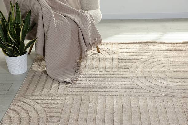 istock Stylish soft rug with pattern on floor in living room 2213325079