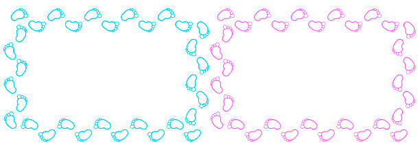 Frames from baby footprints, pink and blue colors. 3D rendering isolated on white background