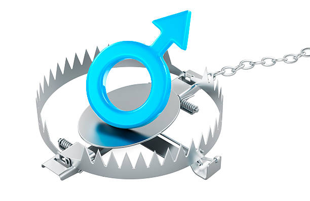 istock Bear trap with blue male gender symbol inside, 3D rendering 2213332583