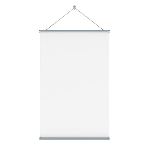 istock Roll up banner blank paper or blank white paper poster hanging on wall. 3D rendering 2213332646