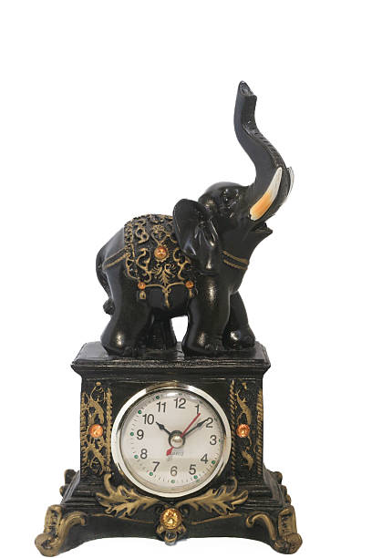 Elegant tabletop clock designed as a traditional black elephant figure with intricate details , set against a white background.