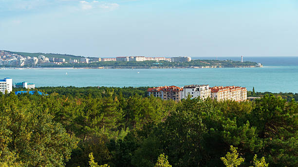 istock Panoramic cityscape with modern buildings, lush greenery, and serene waterfront under partly cloudy sky of sea resort Gelendzhik. 2213340160
