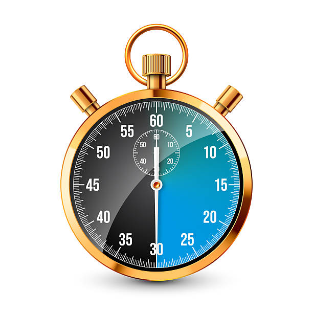 istock Realistic classic stopwatch. Shiny golden metal chronometer, time counter with dial. Blue countdown timer showing minutes and seconds. Time measurement for sport, start, finish. Vector illustration 2213343040