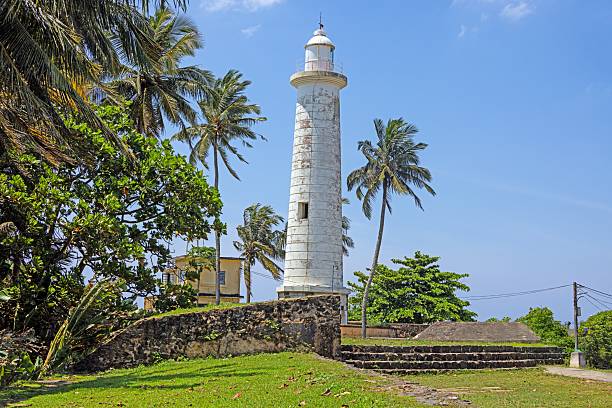 istock Galle lighthouse on grassy hill surrounded by palm trees under clear blue sky 2213346102