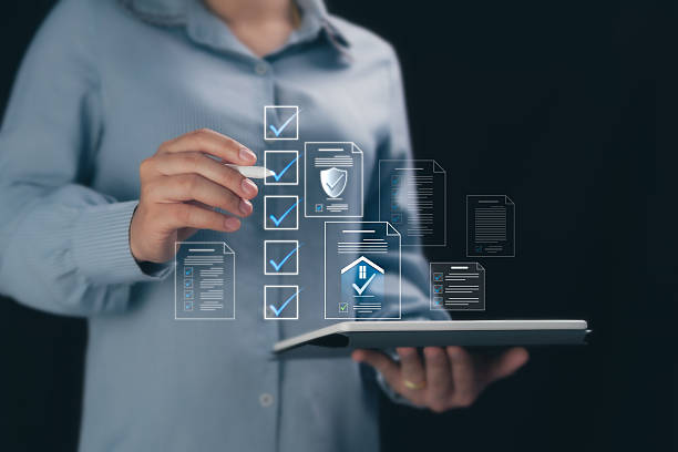 istock Business Account Auditing, Documentation Evaluation, Project Approval and Business Performance Review with Digital Forms. Businesswoman using laptop to fill in documents online and track performance. 2213347407