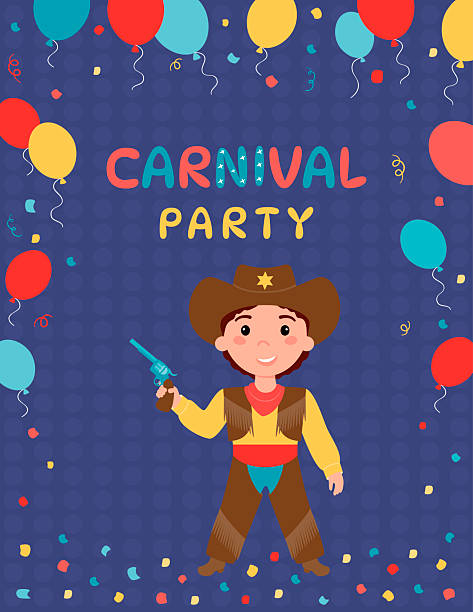 Carnival party poster with a boy dressed in a cowboy costume with a gun in his hand. Carnival party poster with a boy dressed in a cowboy costume with a gun in his hand. Children's party. Vector illustration. boy getting dressed for school stock illustrations