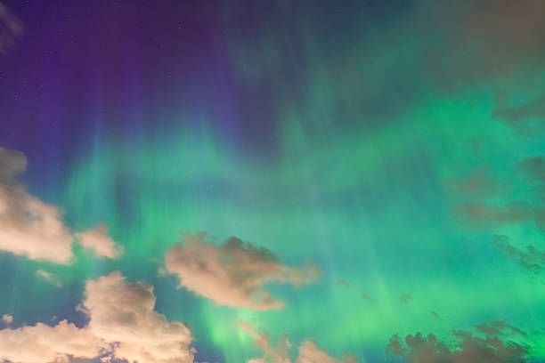 Stunning aurora in the dark sky with clouds: excellent background or texture for design and projects.High quality photo