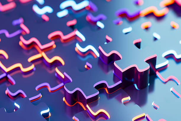 istock Jigsaw Puzzle Pieces with Neon Lines, Cyber Background 2213359503