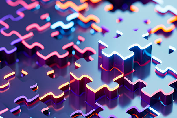 istock Jigsaw Puzzle Pieces with Neon Lines, Cyber Background 2213359556