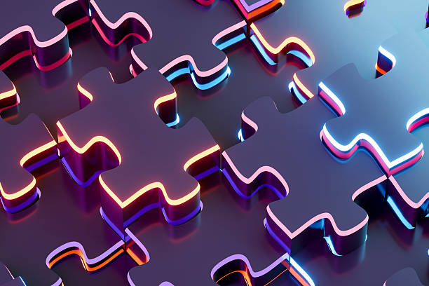 istock Jigsaw Puzzle Pieces with Neon Lines, Cyber Background 2213359585