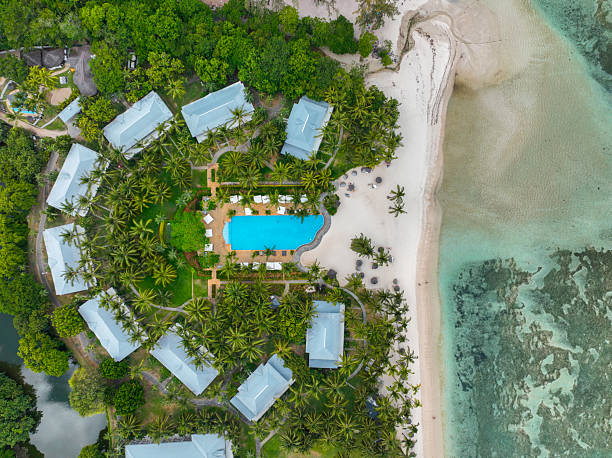 istock Top-down view of resort and lagoon beach 2213362145