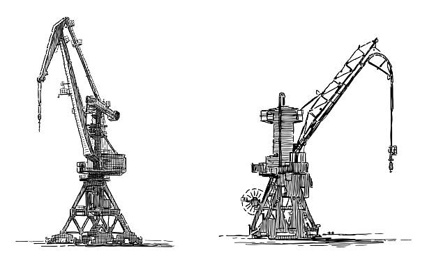 Two industrial shipment cranes in sea port,  realistic hand drawn vector illustration isolated on white