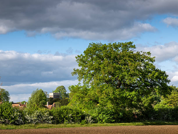 Looking north to Foxearth, a village  on the border of north Essex and Suffolk in England UK, neighbouring Long Melford and Cavendish, also the villages of Borley, the Belchamps, Liston and Pentlow. St Peter & St Paul's Church is seen between the cottages, hedgerows and houses.