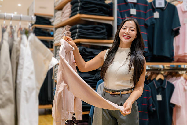 istock Smiling Asian customer holding a pink sweater while enjoying a shopping experience in a clothing store, embracing fashion and style 2213383296