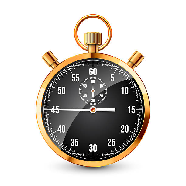 istock Realistic classic stopwatch. Shiny golden metal chronometer, time counter with dial. Countdown timer showing minutes and seconds. Time measurement for sport, start, finish. Vector illustration 2213383434