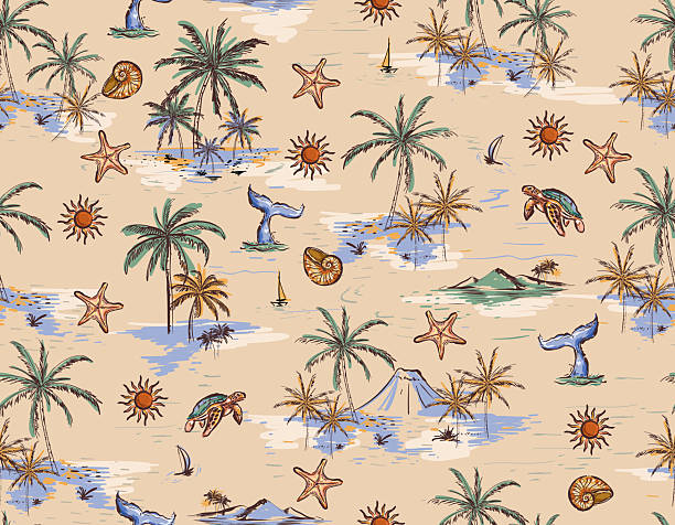 istock Vintage Beautiful seamless island pattern  Landscape with palm trees,beach , Sun and ocean vector hand drawn style 2213388603
