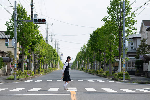 istock Female junior high school student walking on a crosswalk 2213388713