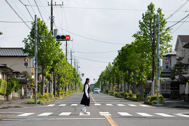 istock Female junior high school student walking on a crosswalk 2213388715