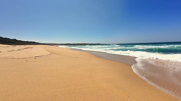 istock Experience the Beautiful Sandy Beach with Gentle Waves Beneath a Bright Clear Sky 2213389456
