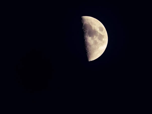 Half Moon in Night Sky. Detailed Lunar Surface, Astronomy and Space Exploration Theme, Celestial Body in Darkness, Tranquil Outer Space Scene, Perfect for Science and Nature Concepts. Stock Photograph