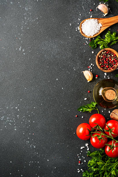 istock Healthy food background on black stone table. 2213399232