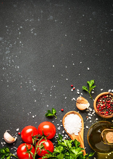 istock Healthy food background on black stone table. 2213399267