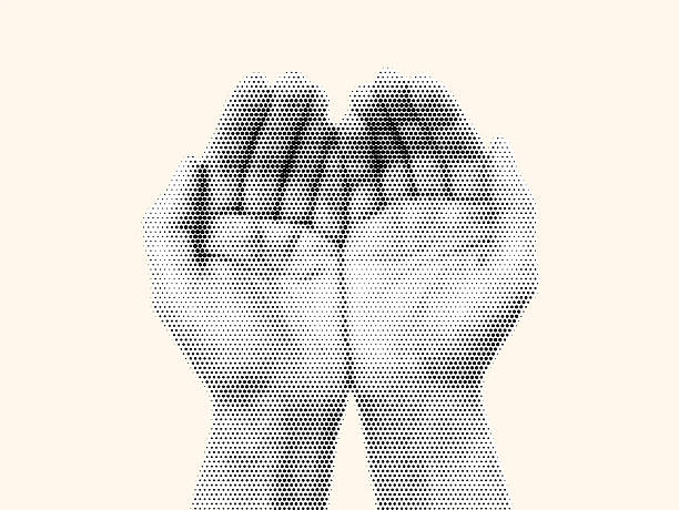 Retro Halftone Illustration of Hands Holding in a Protective Gesture Symbolizing Care, Trust, and Security