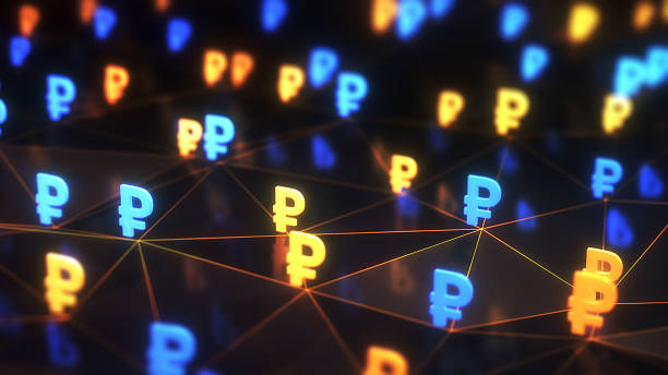 istock Yellow Blue Rouble Icons and Fall Rise Figures on Digital Abstract Technological Network Connections 2213408798