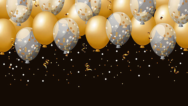 istock Gold and silver balloons with confetti on dark background. 2213409782