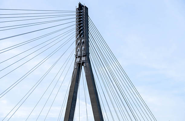 istock Close up detail with a cable stayed suspension bridge against the blue sky. 2213411162