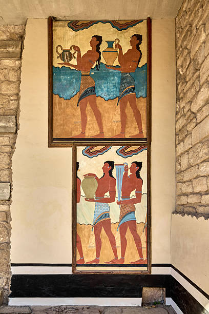 The striking frescoes on the stone walls of Knossos depict figures in dynamic movement, preserving the artistic mastery and cultural narrative of ancient Crete.