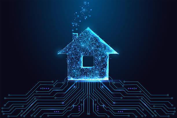 istock Smart home and internet of things concept with glowing house and circuit board, vector illustration 2213412359