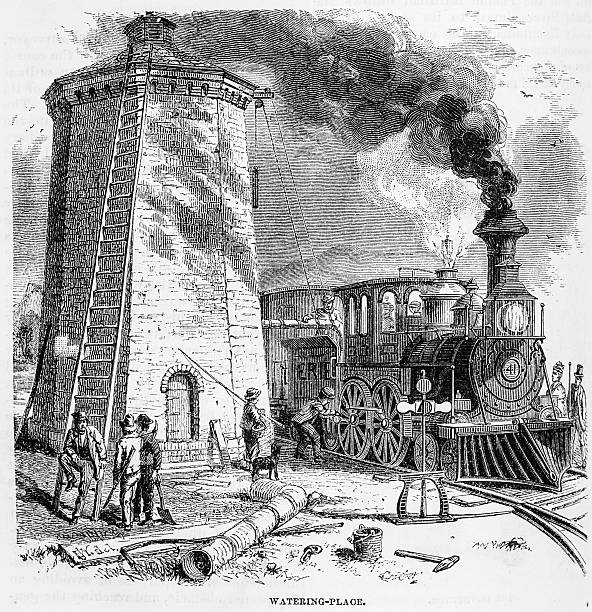 Image from an 1874 issue of Harper's New Monthly Magazine: A steam engine stops to refill its boilers with water from a trackside tower, as another railroad worker oils the wheels.