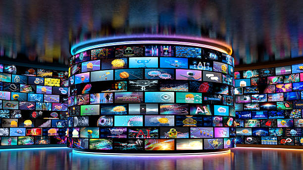 istock Media concept and TV  -  video wall with small screens. . Digital multiple television screens 2213412878