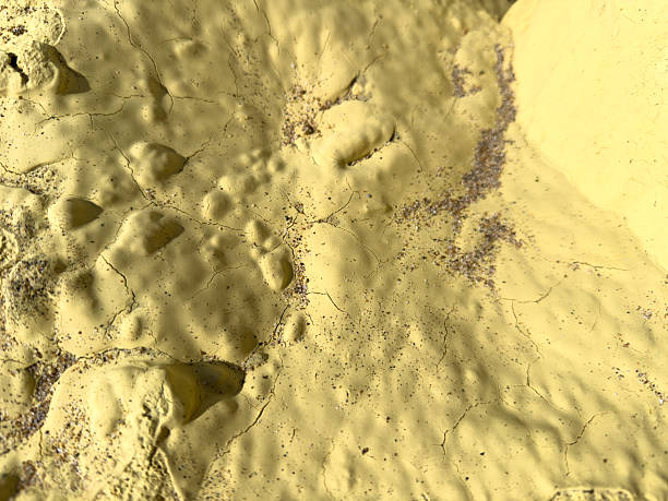 Close-up view of a surface covered in yellow pollen, revealing cracks, bumps, and a textured appearance, evoking a sense of spring and nature's intricate details