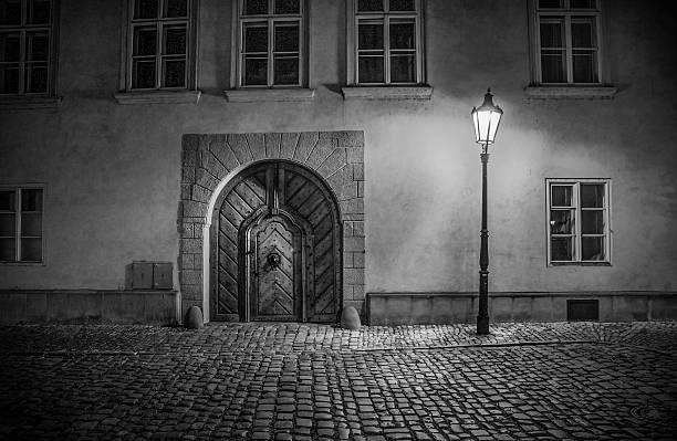 Warm lighting from a streetlamp casts a glow over a cobblestone street and an ornate, arched wooden door with a lions head door knocker, in a historic building. The gentle shadows and aged facade create a nostalgic and serene atmosphere on a summer evening in Prague, Czech Republic.