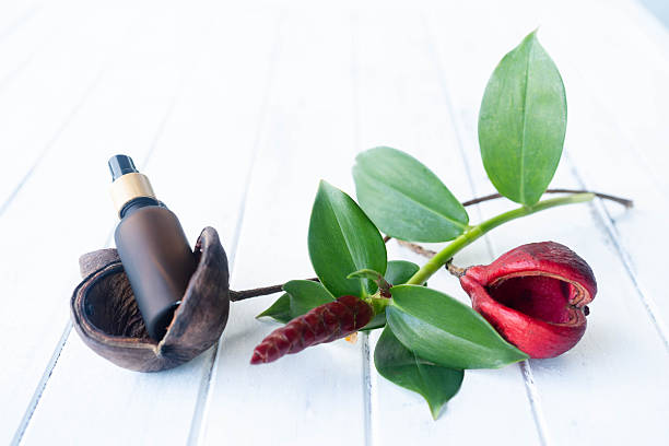 istock Elegant cosmetic bottle on wooden surface surrounded by vibrant botanical elements and a unique background pattern 2213421469